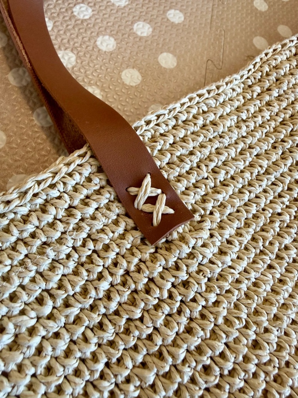 Neutral Woven Tote with Brown Leather Handles - Picture 4 of 6